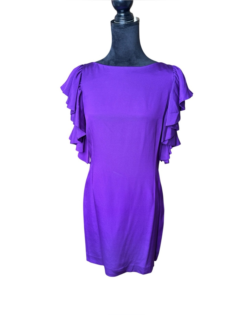 Abaete Purple Sheath Mini Dress with Ruffled Flutter Sleeves - Picture 2 of 8